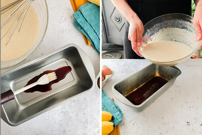 lining a tin with liquid caramel and pouring in banana mix on top
