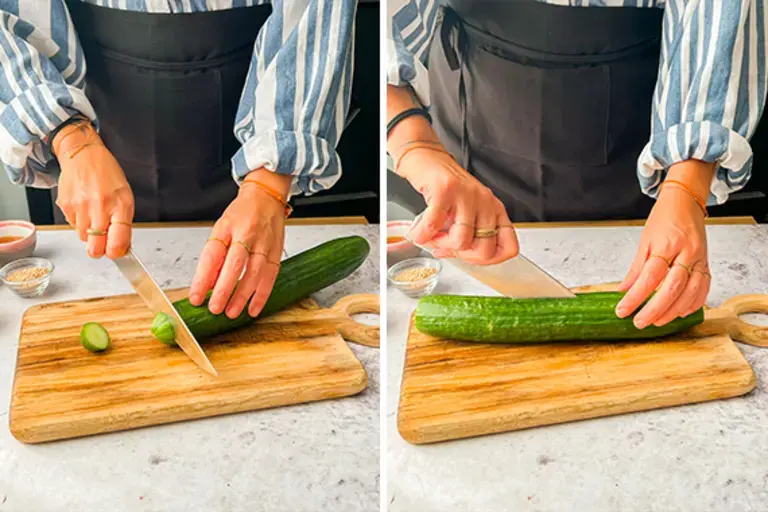 Chef cutting cucumber.