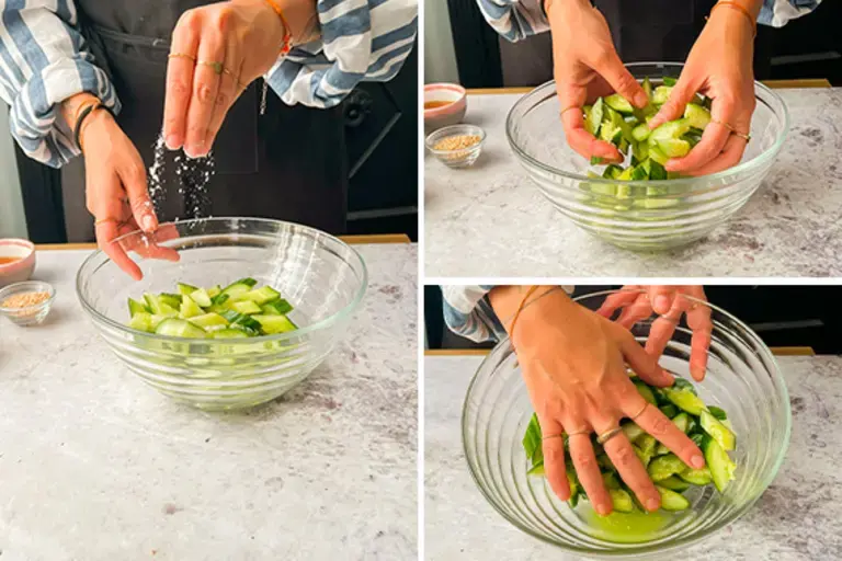 Chef seasoning cucumber.
