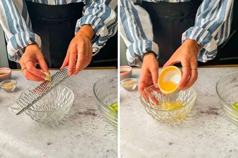 Chef grating garlic.