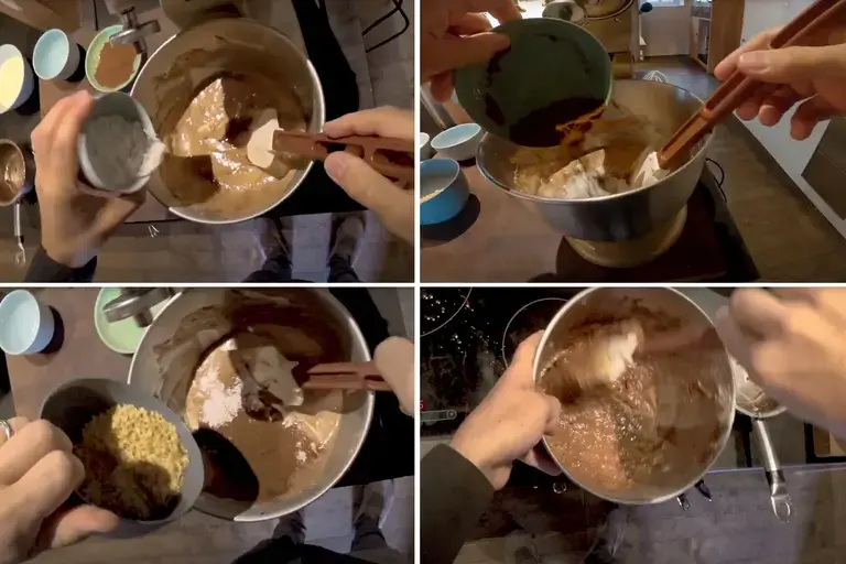 flour, cocoa powder and the grated hazelnuts for chocolate truffle slice recipe