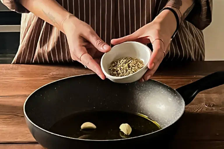 Chefs adds fennel seeds to garlic cloves in a pan.