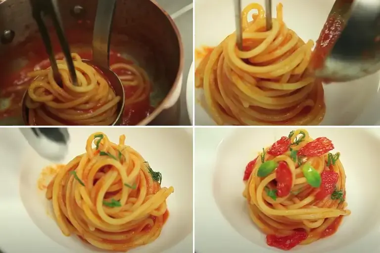 plating spaghetti with tomato sauce Davide Oldani