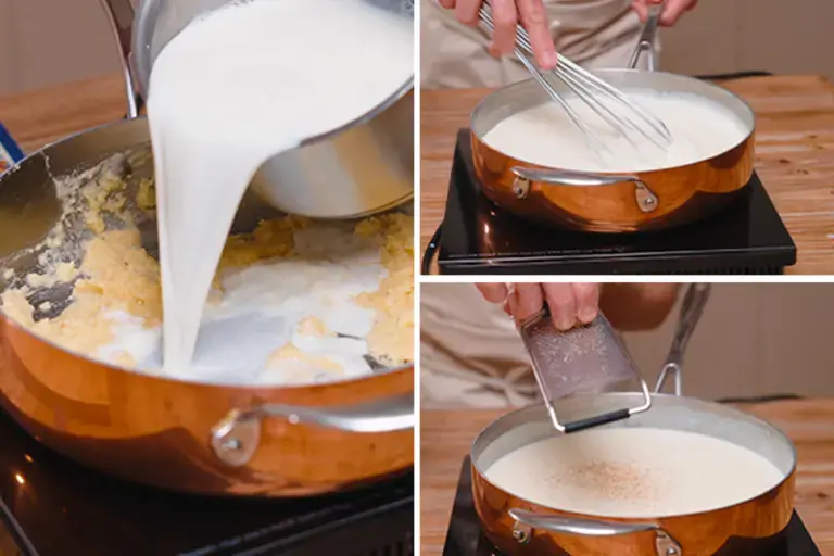 Adding milk to the béchamel.