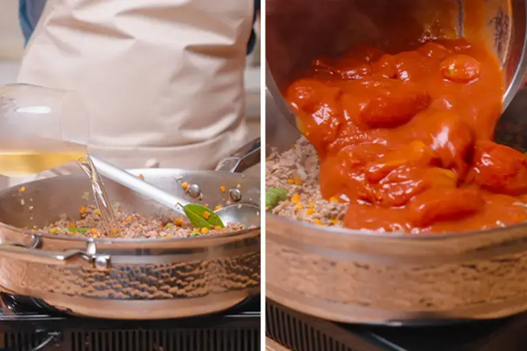 Adding wine and tomatoes to the ragù.