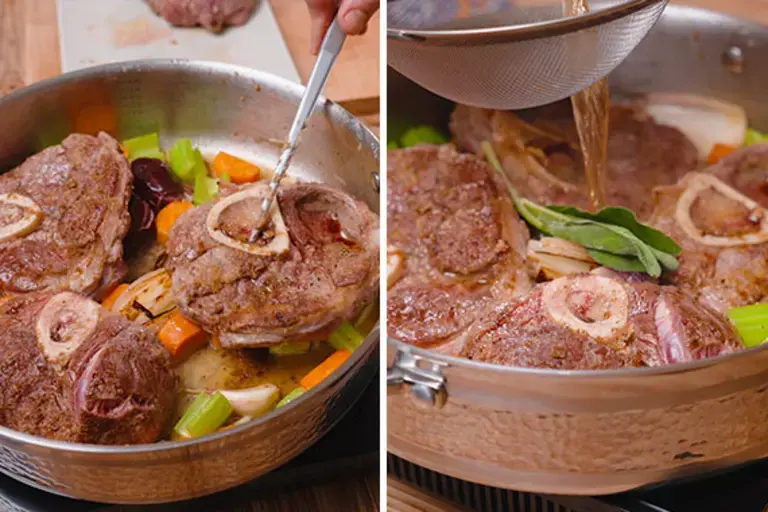 Adding the stock to the ossobuco.