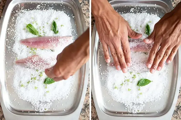 Covering the  mackerel with salt Courtesy of Nicole Bozzao 