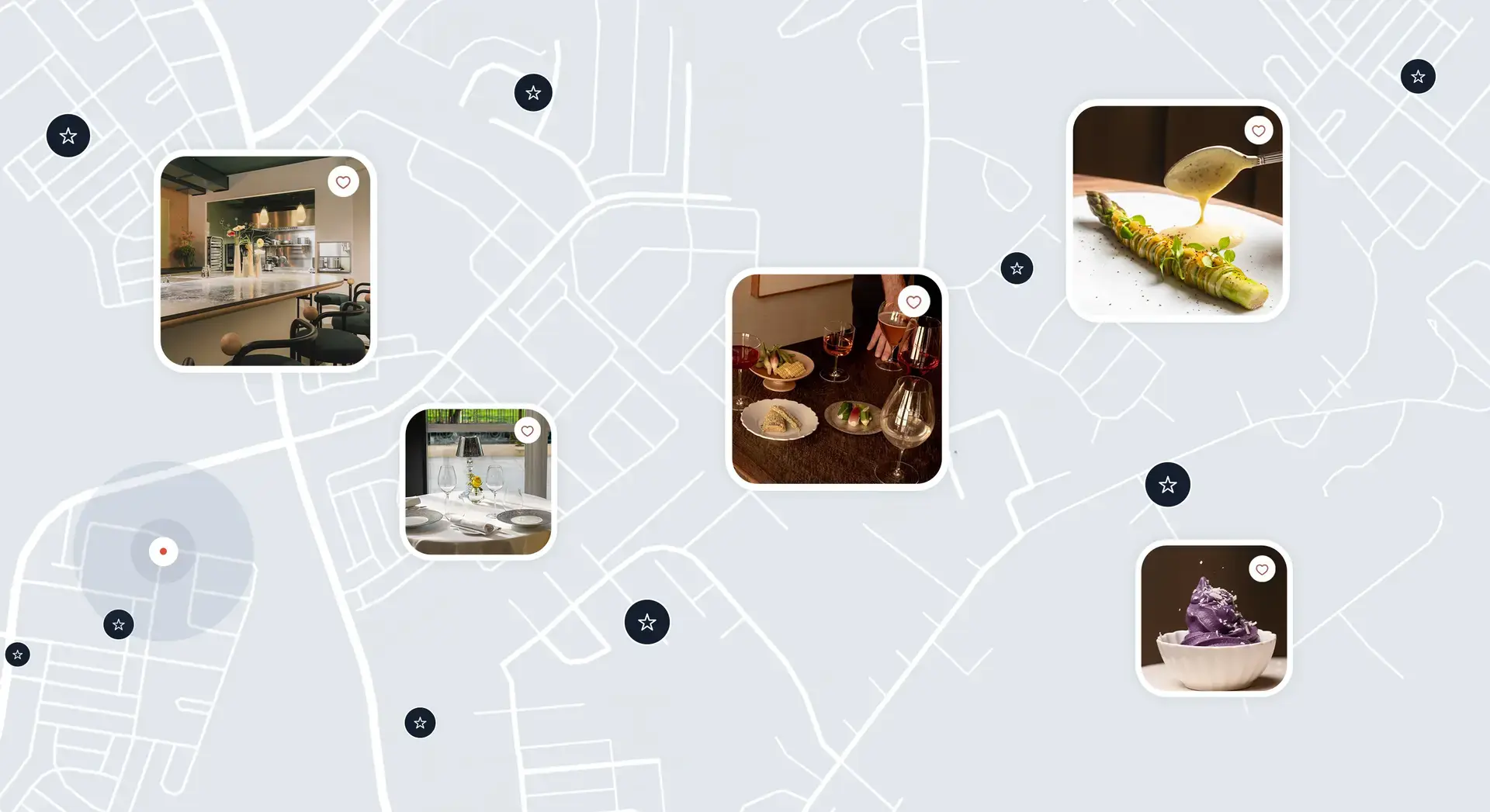 A map graphic with images from restaurants.
