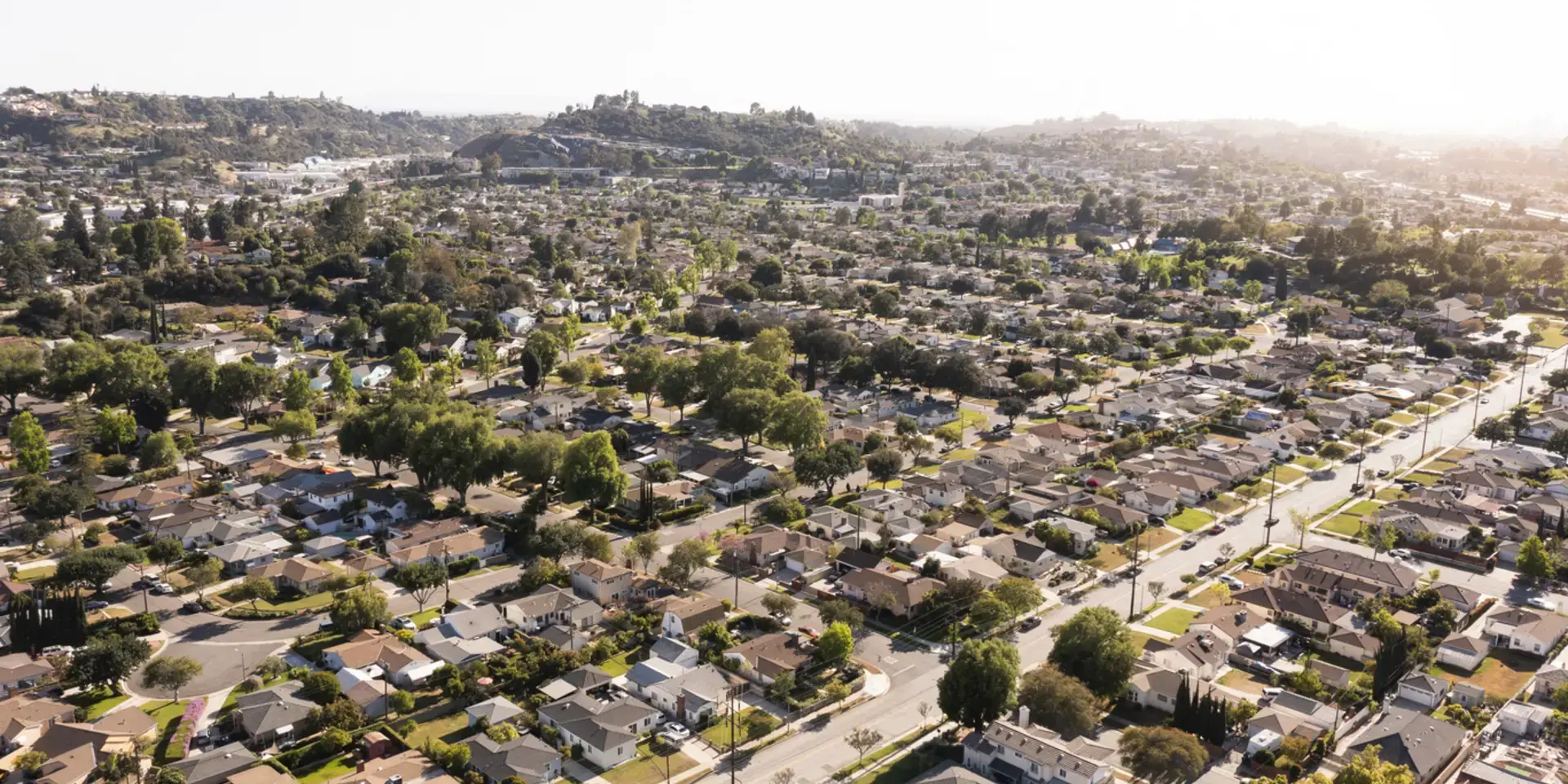 Aerial view of a suburban neighborhood with tree-lined streets and rows of single-family homes.