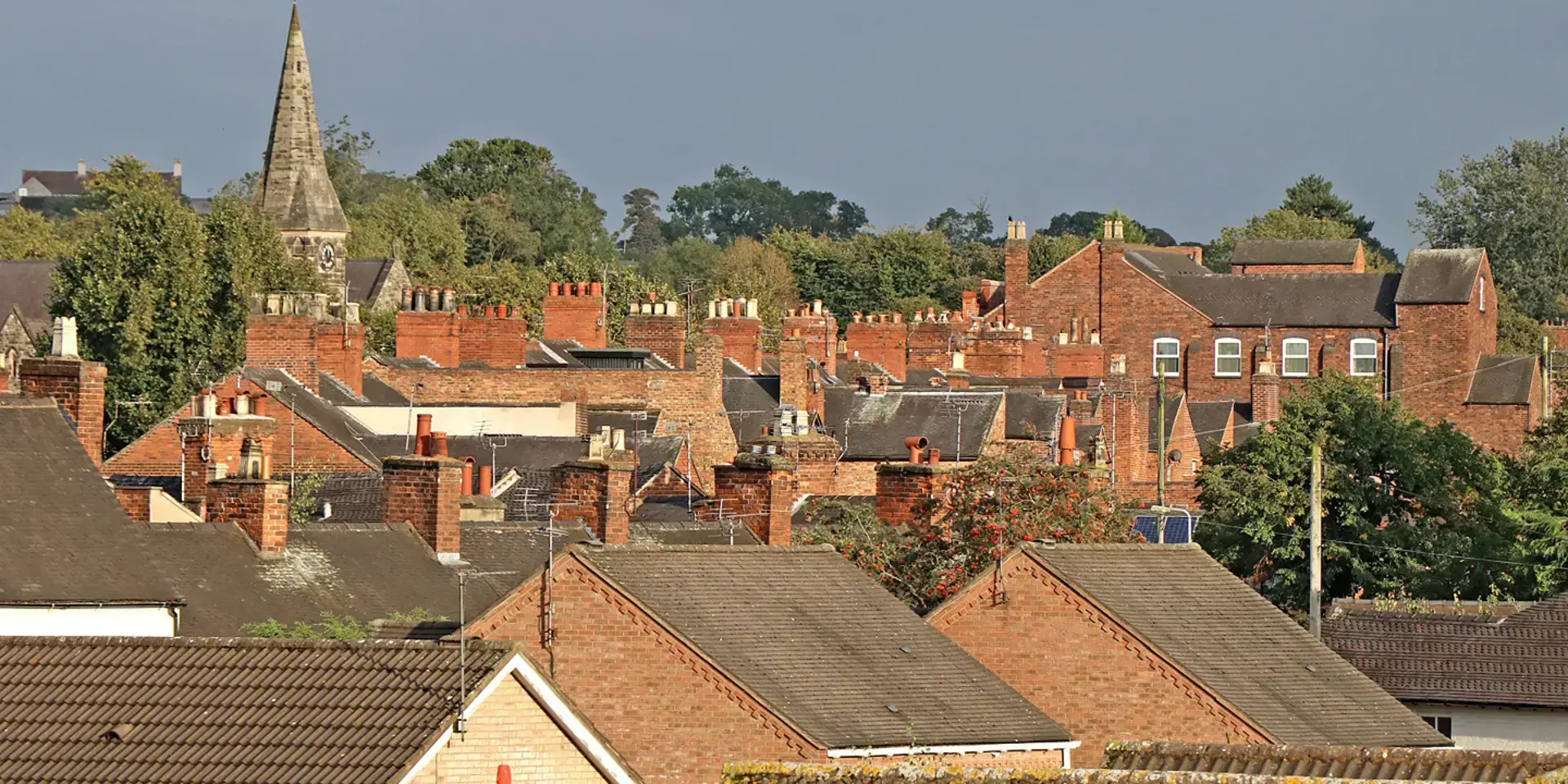 Historic town rooftops with red brick chimneys, a stone church spire in the background, and lush greenery on the horizon.