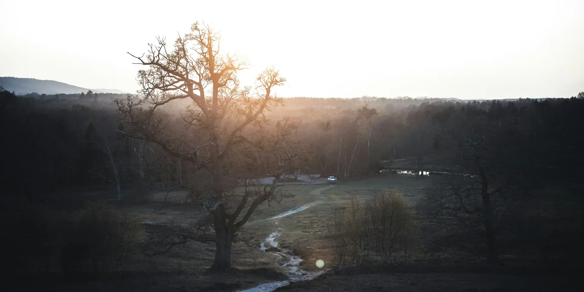 Sunset behind a silhouette of trees, casting a warm glow over the quiet countryside and winding path below