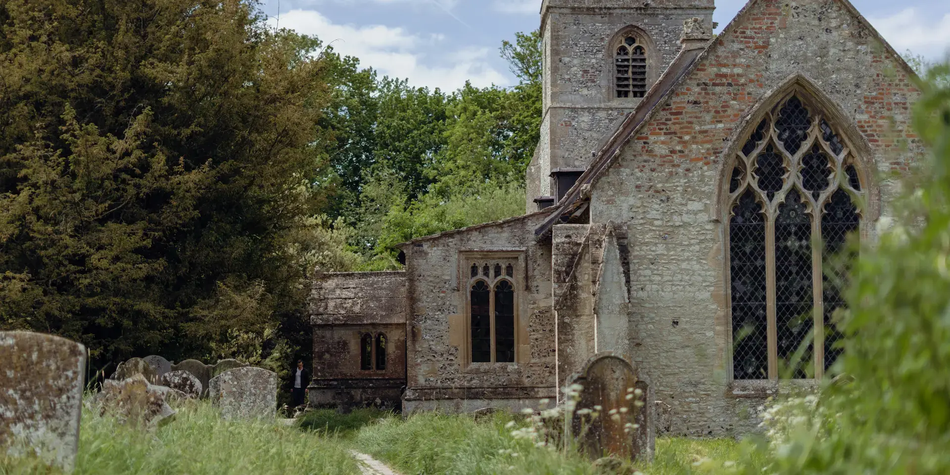 Stone church in countryside, surrounded by grass and gravestones, with trees and blue sky in the background