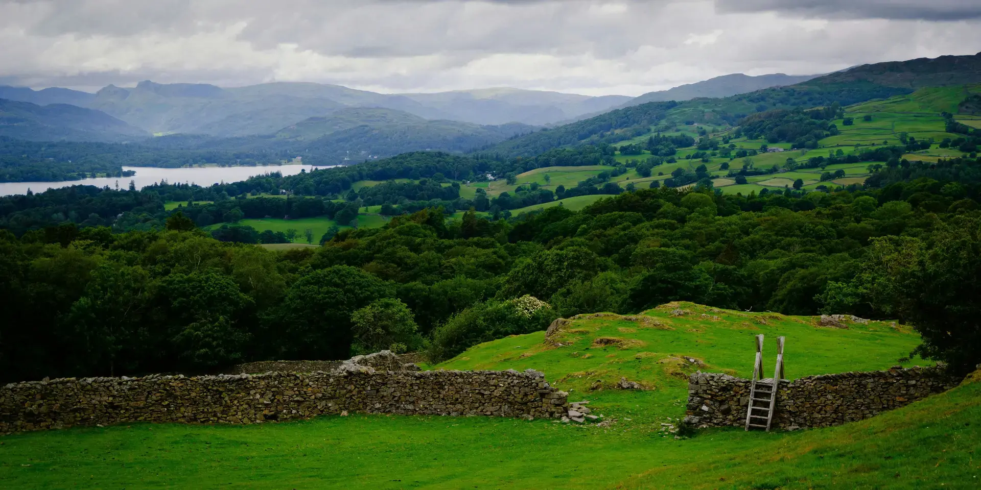 Green valley with a stone wall, wooden ladder, dense trees, distant lake, and hills under a cloudy sky.