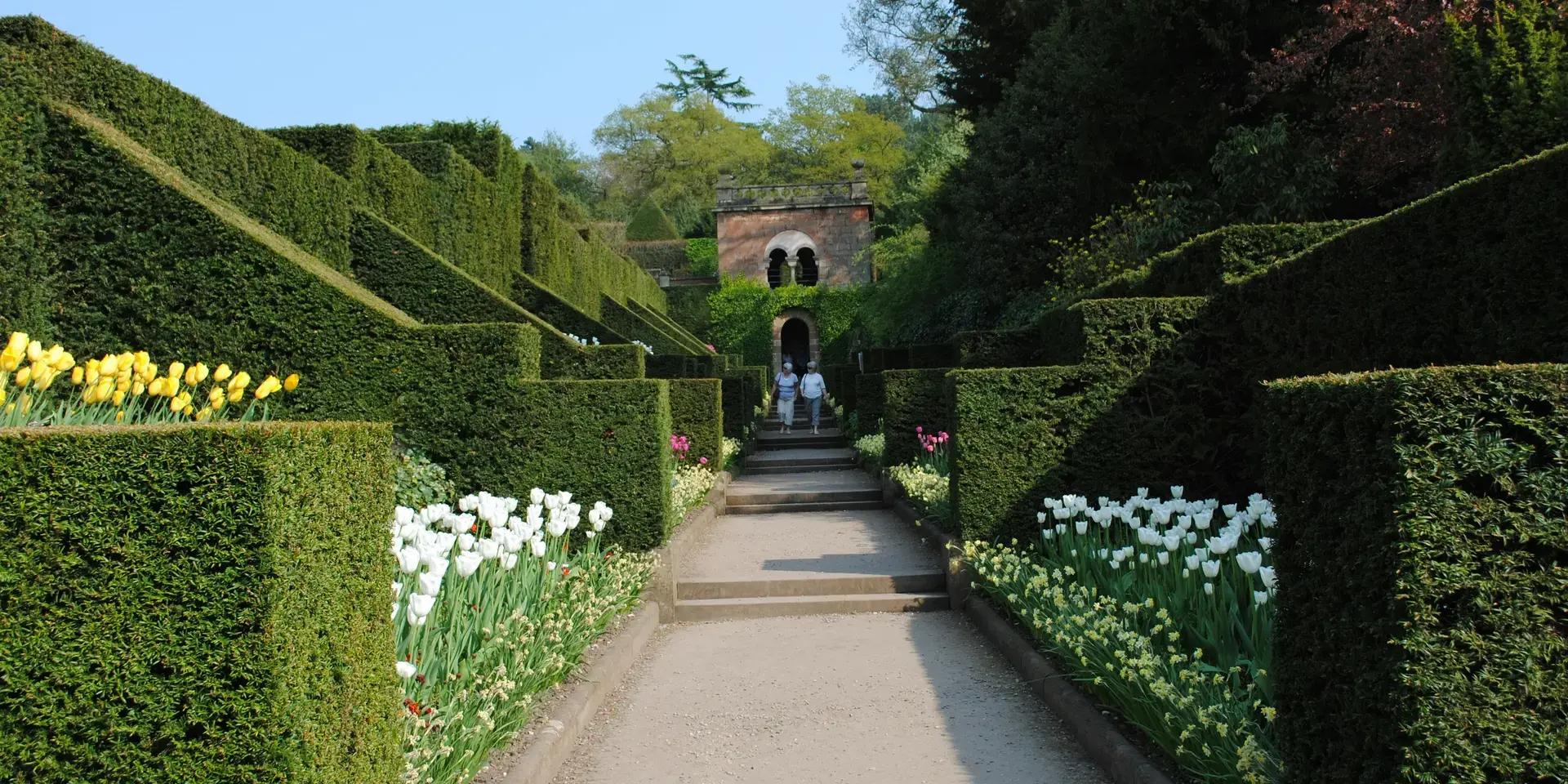 Pathway through manicured hedges and vibrant tulips leading to a historic brick building, surrounded by lush greenery