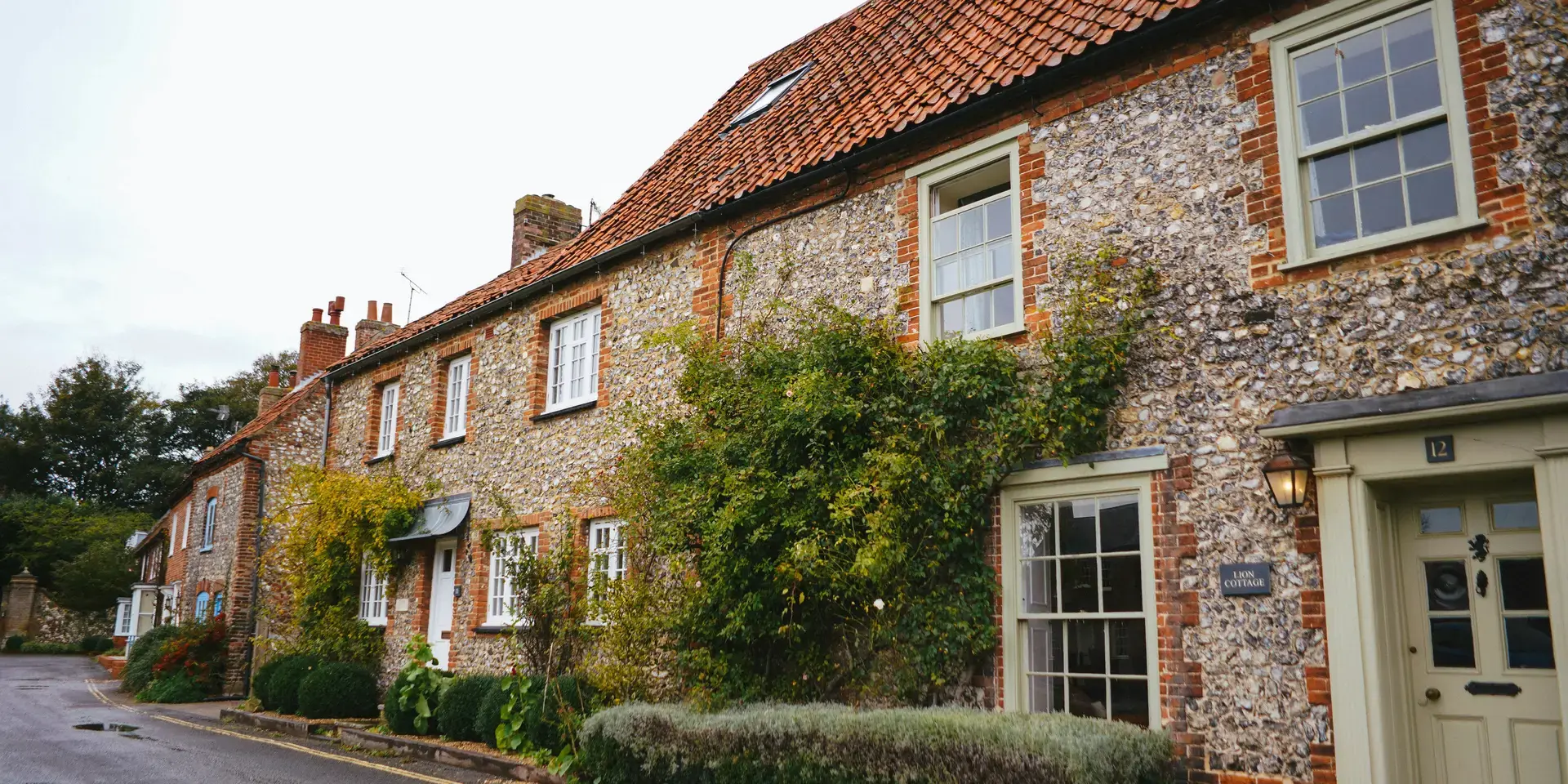 Charming countryside cottages with flint stone walls, red-tiled roofs, and greenery, lining a quiet street after rainfall