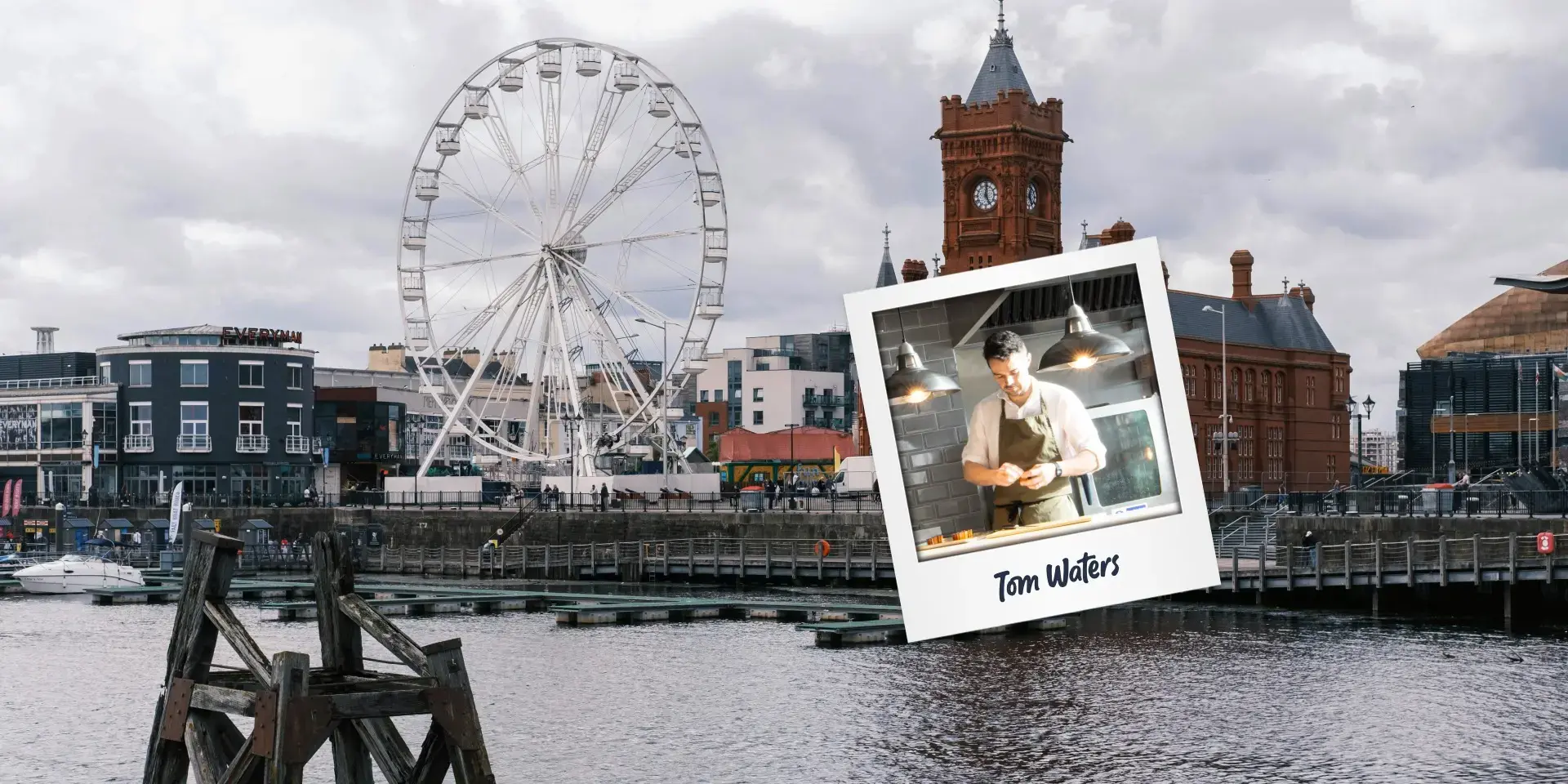 Chef Tom Waters and the Cardiff skyline.