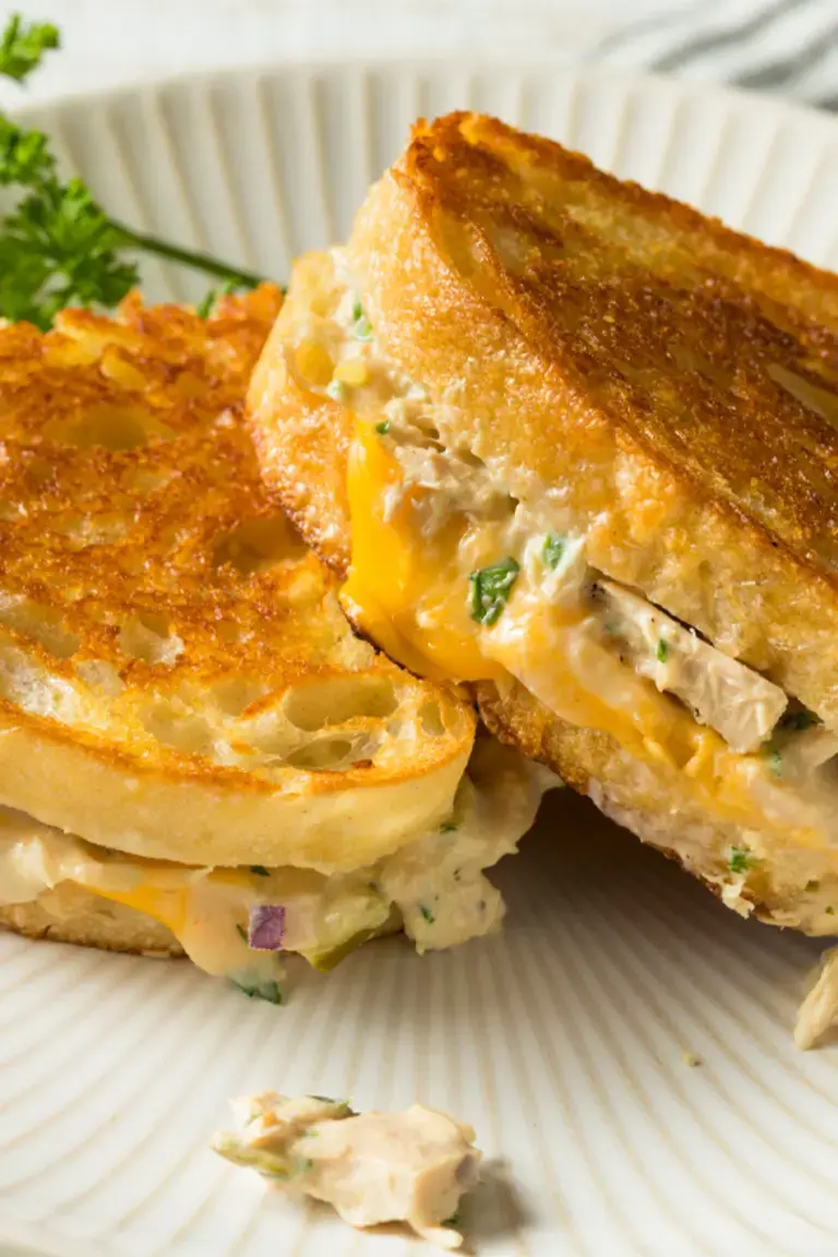 Tuna melt sandwich on a plate.