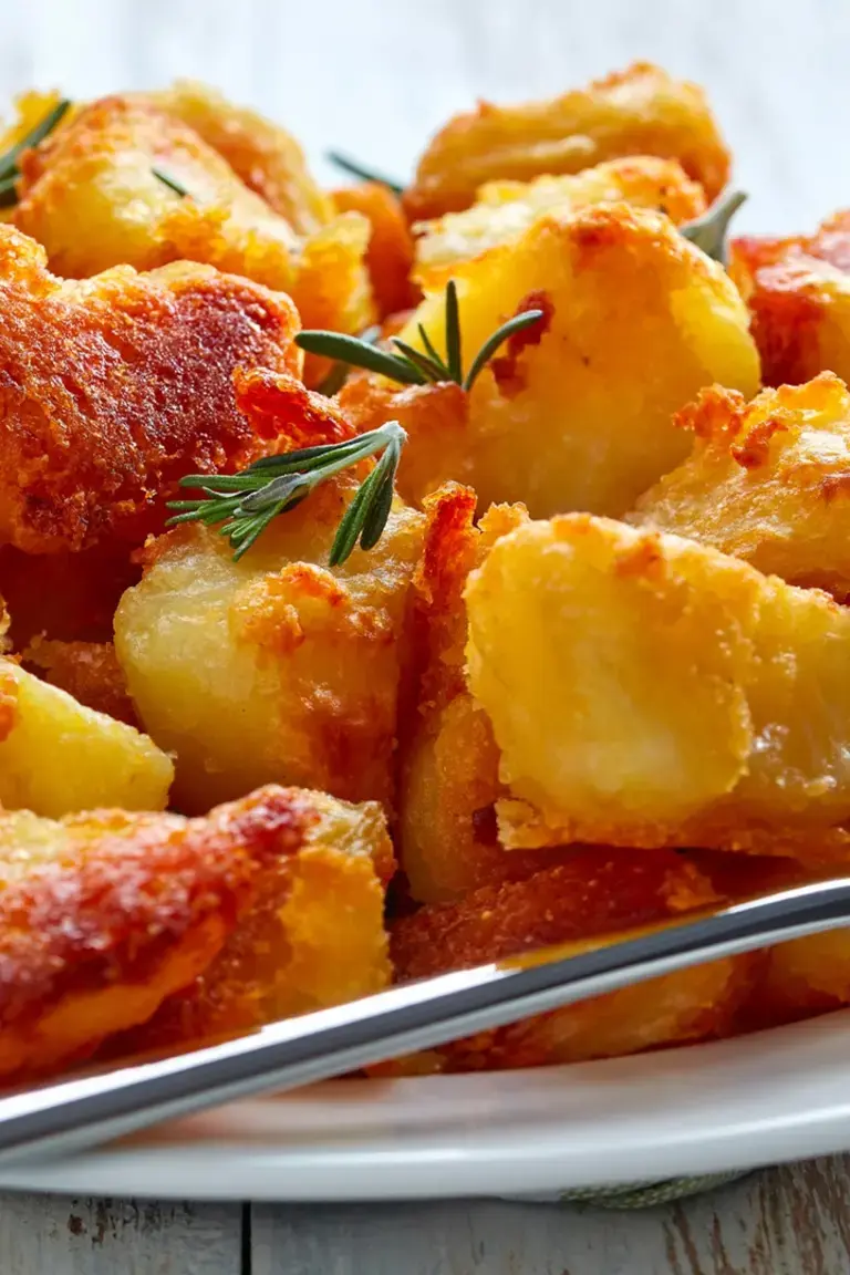 Crispy roast potatoes on a plate with a fork.
