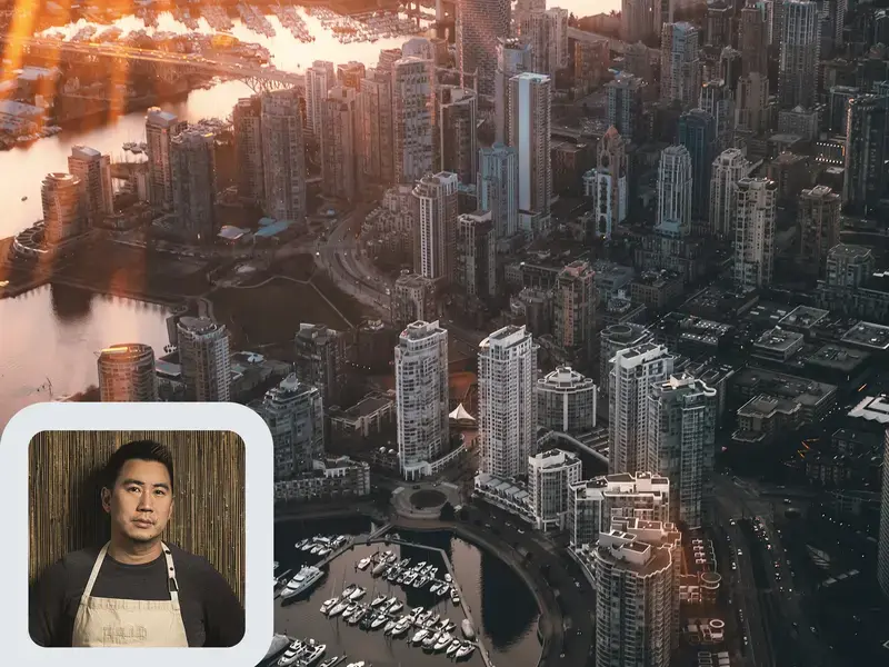 Chef Angus An and the Vancouver cityscape.
