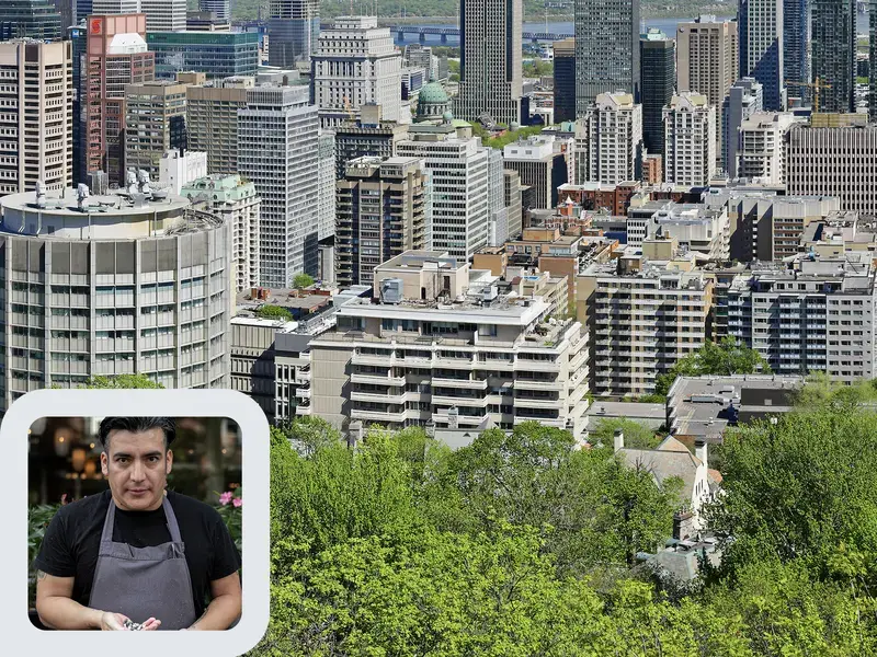 Chef Juan Lopez Luna and the Montreal skyline.
