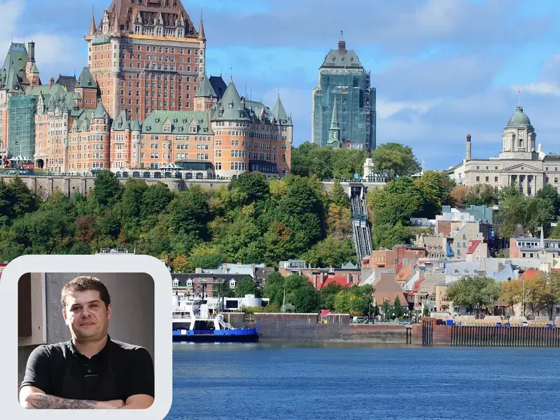 Chef Stéphane Modat and the Quebec City skyline.