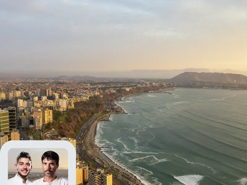 Chefs Nelson Freitas and Virgilio Martínez, and the Lima skyline.