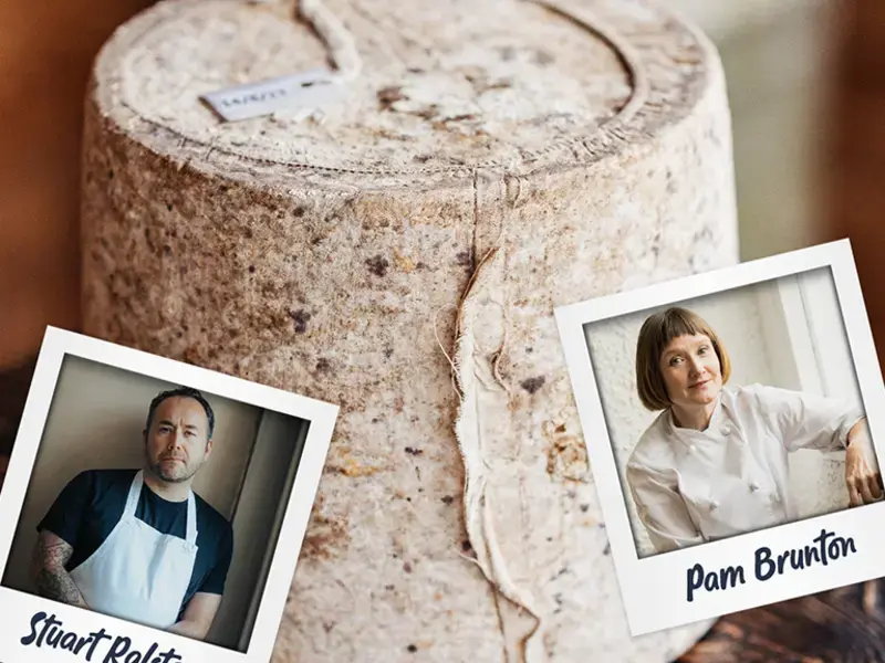 A Scottish cheese and pictures of chefs Stuart Ralston and Pam Brunton.