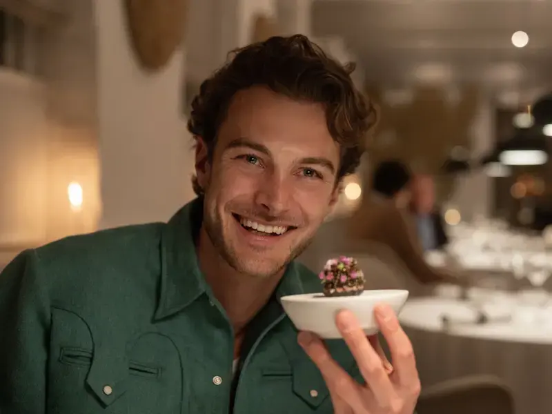 Jesse Burgess holding an elegant dish in a restaurant.