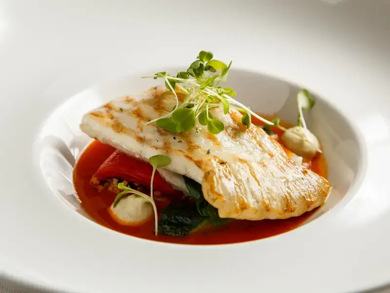 Grilled fillet of turbot with vegetables and sauce.