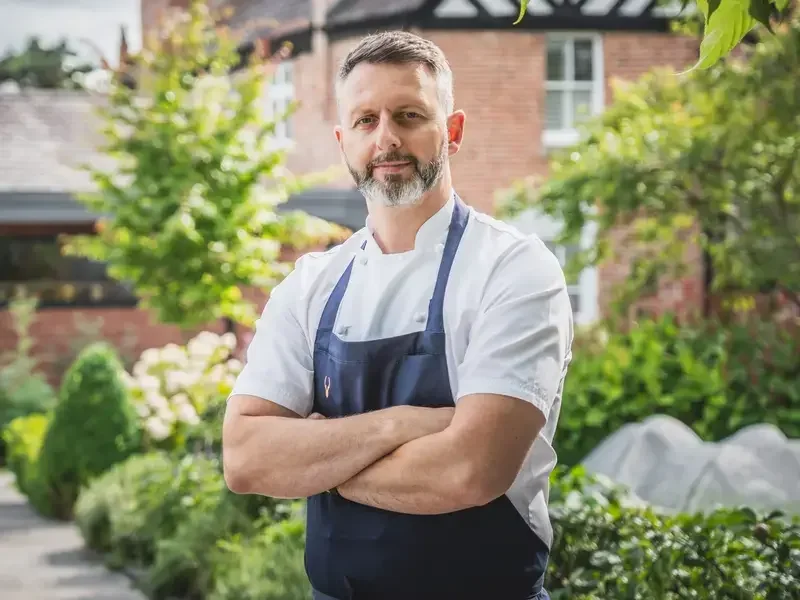 Chef Mark Birchall in the garden at Moor Hall.