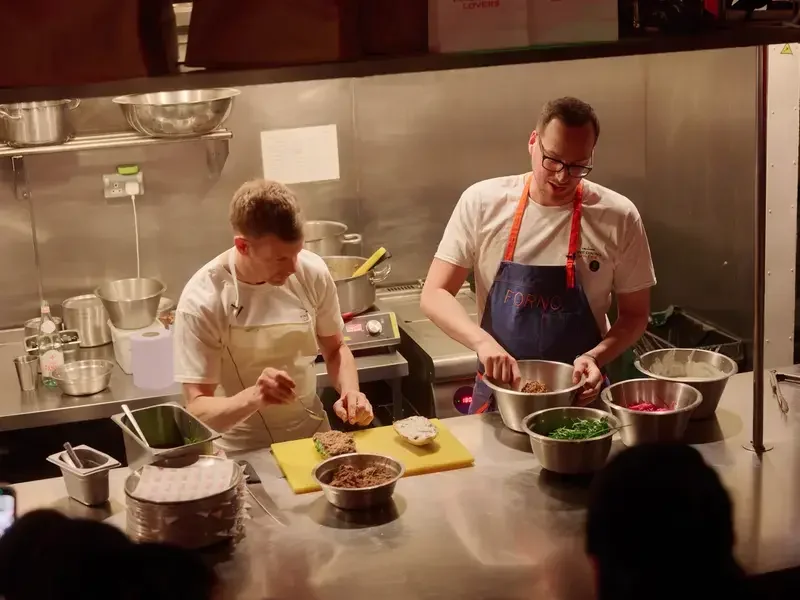 Tom Aikens and Baldo Pellegrini in the Forno kitchen.