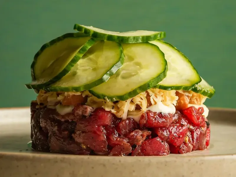 Beef tartare topped with cucumber at Nord in Liverpool.