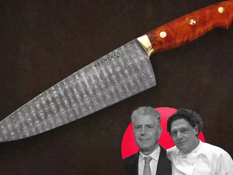 Bourdain chef knife with Anthony Bourdain and Marco Pierre White.