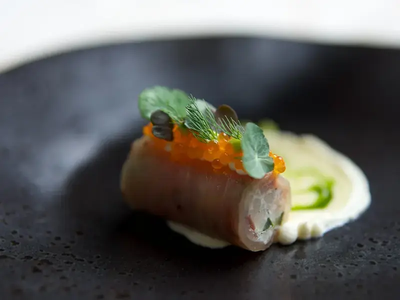 English cucumber, smoked cream cheese, kingfish at Turnips.
