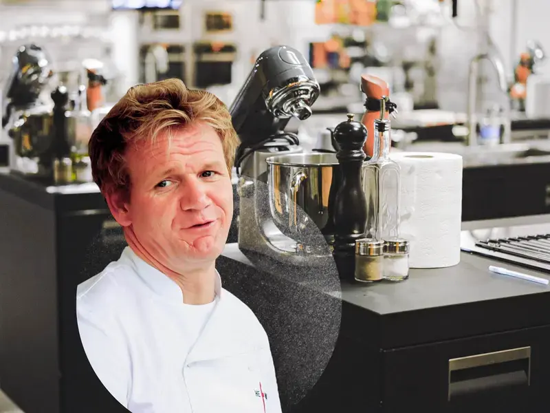Chef Gordon Ramsay and a culinary school kitchen.