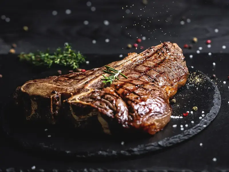 A cooked aged steak.