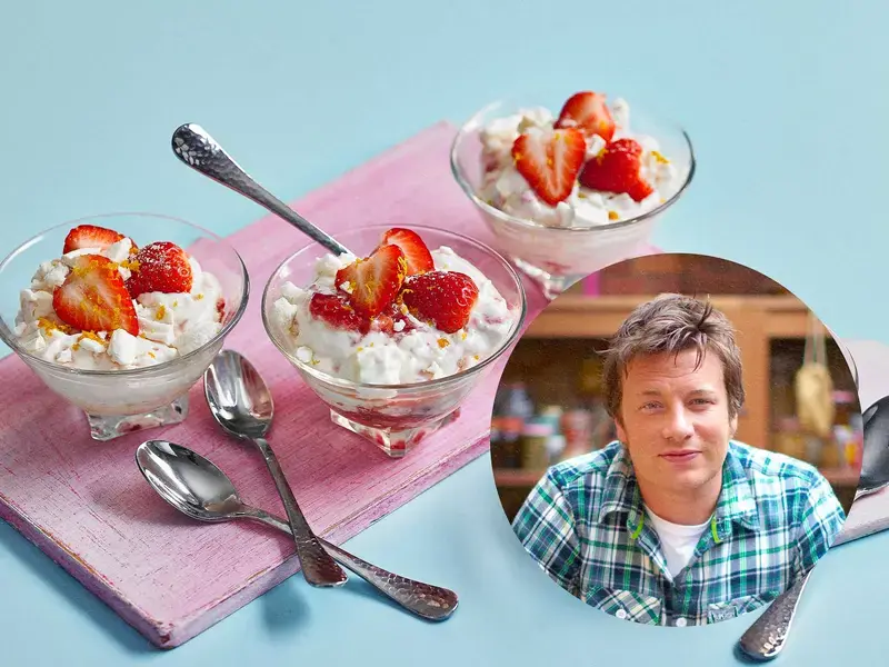 Bowls of Eton Mess alongside a portrait of Jamie Oliver