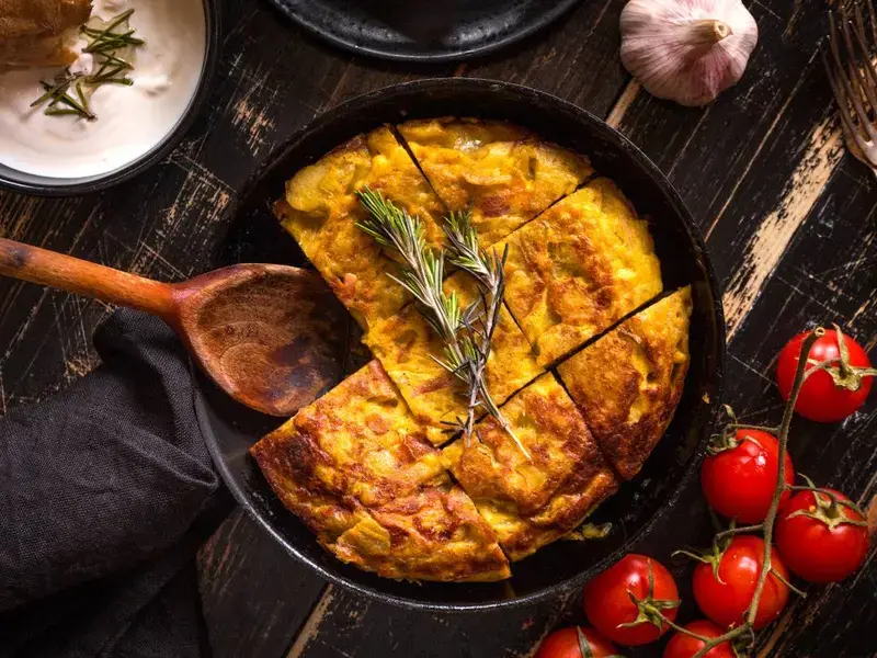 Spanish tortilla in a pan.
