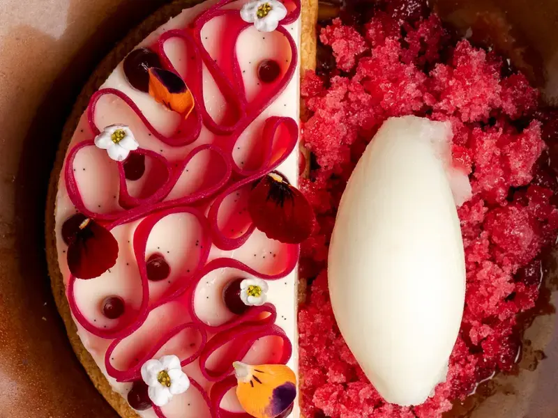 Beetroot, mascarpone namelaka and fire granita at Il Piccolo Principe.