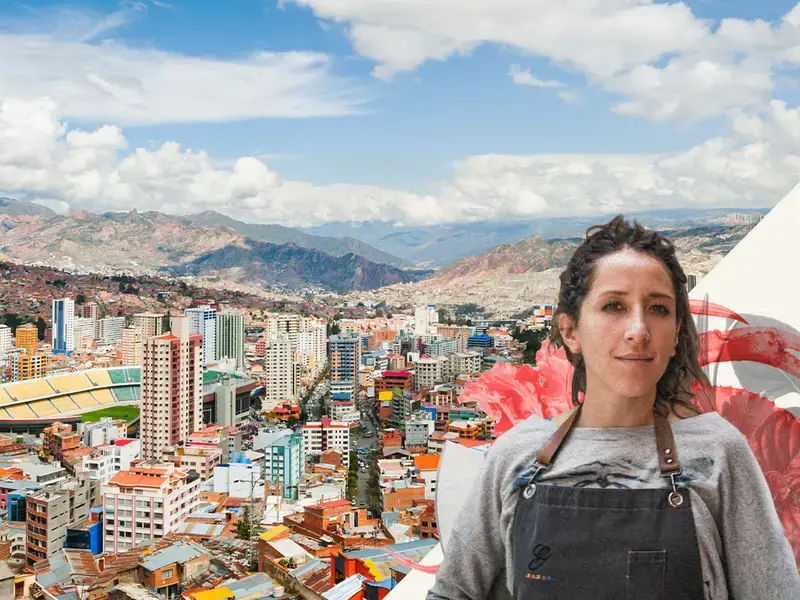 Chef Marsia Taha and the La Paz cityscape.