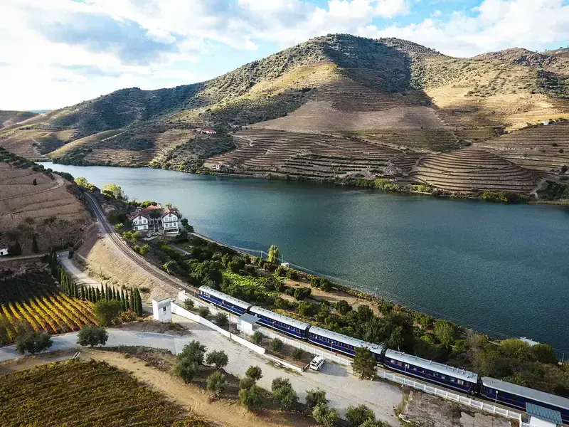 A train travelling through a valley.