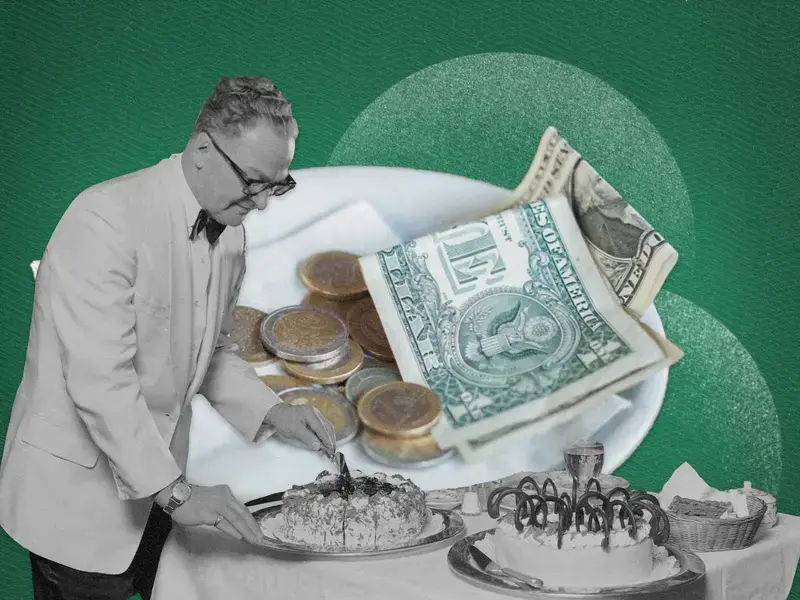 Collage of a vintage image of a waiter and in the background a dish with some money in it