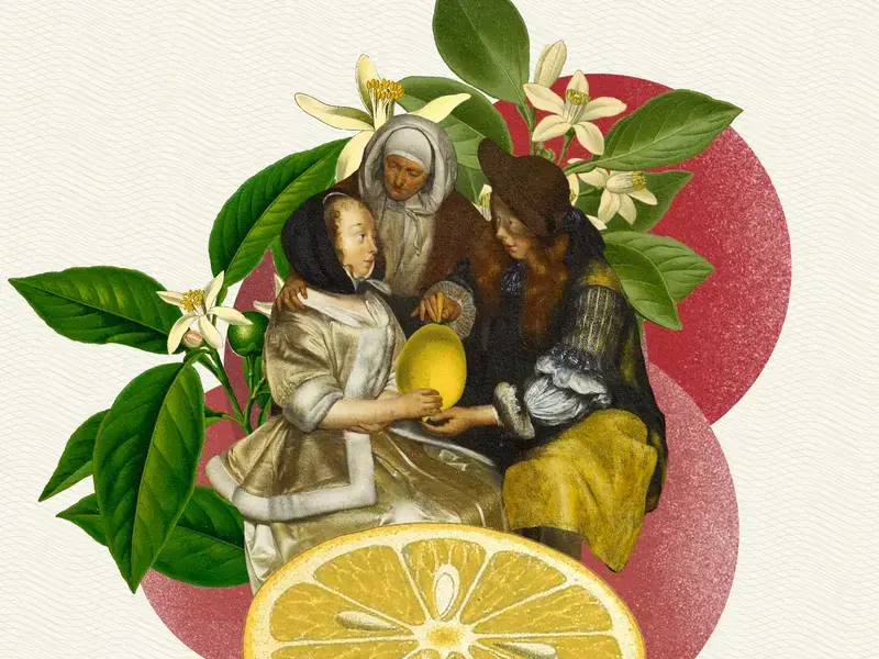 Collage of lemon flowers, lemon and art