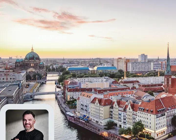 Chef René Frank and the Berlin skyline