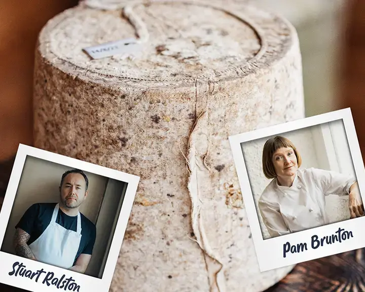 A Scottish cheese and pictures of chefs Stuart Ralston and Pam Brunton.