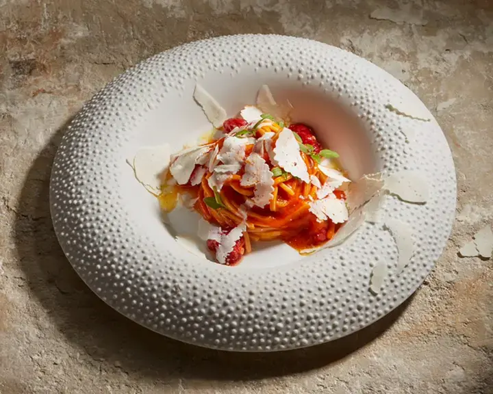Troccoli with tomato and cacioricotta.