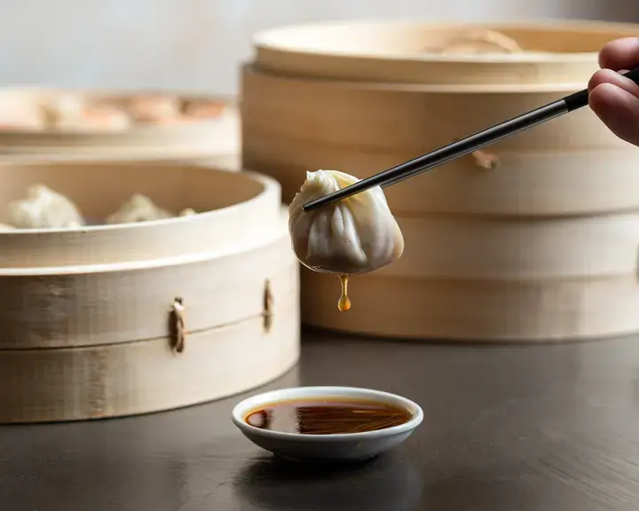 Dumpling and dipping sauce at Din Tai Fung in London.