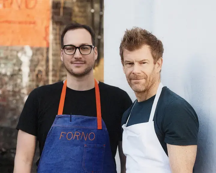 Chefs Baldo Pellegrini and Tom Aikens outside Forno.