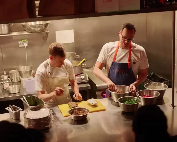 Tom Aikens and Baldo Pellegrini in the Forno kitchen.