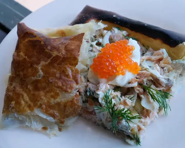 Potato, smoked trout and dill tart by Joseph Denison-Carey.